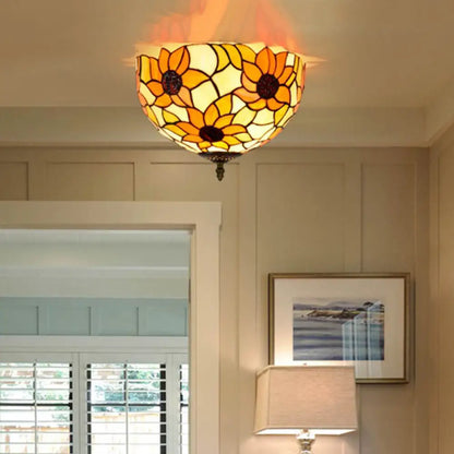 DecorBites™ DecorBites™ Sunflower Stained Glass Ceiling Fixture - Tiffany 2/3 Lights - Yellow & Green - Flushmount Lamp, 12"/16" W