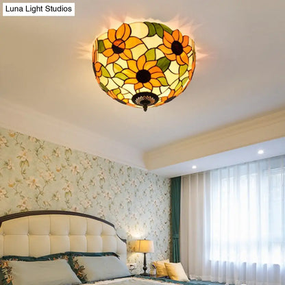 DecorBites™ DecorBites™ Sunflower Stained Glass Ceiling Fixture - Tiffany 2/3 Lights - Yellow & Green - Flushmount Lamp, 12"/16" W