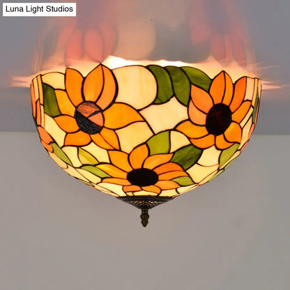 DecorBites™ DecorBites™ Sunflower Stained Glass Ceiling Fixture - Tiffany 2/3 Lights - Yellow & Green - Flushmount Lamp, 12"/16" W