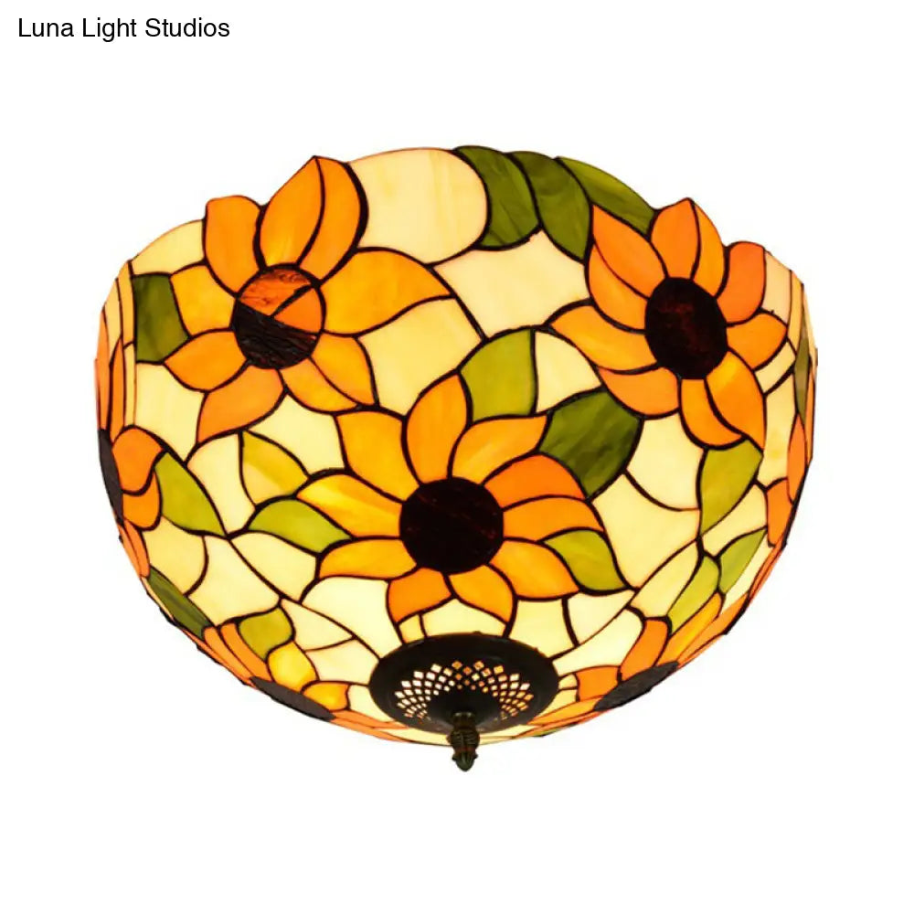 DecorBites™ DecorBites™ Sunflower Stained Glass Ceiling Fixture - Tiffany 2/3 Lights - Yellow & Green - Flushmount Lamp, 12"/16" W