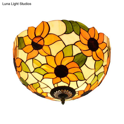 DecorBites™ DecorBites™ Sunflower Stained Glass Ceiling Fixture - Tiffany 2/3 Lights - Yellow & Green - Flushmount Lamp, 12"/16" W