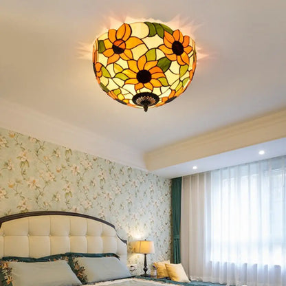 DecorBites™ DecorBites™ Sunflower Stained Glass Ceiling Fixture - Tiffany 2/3 Lights - Yellow & Green - Flushmount Lamp, 12"/16" W