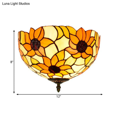 DecorBites™ DecorBites™ Sunflower Stained Glass Ceiling Fixture - Tiffany 2/3 Lights - Yellow & Green - Flushmount Lamp, 12"/16" W