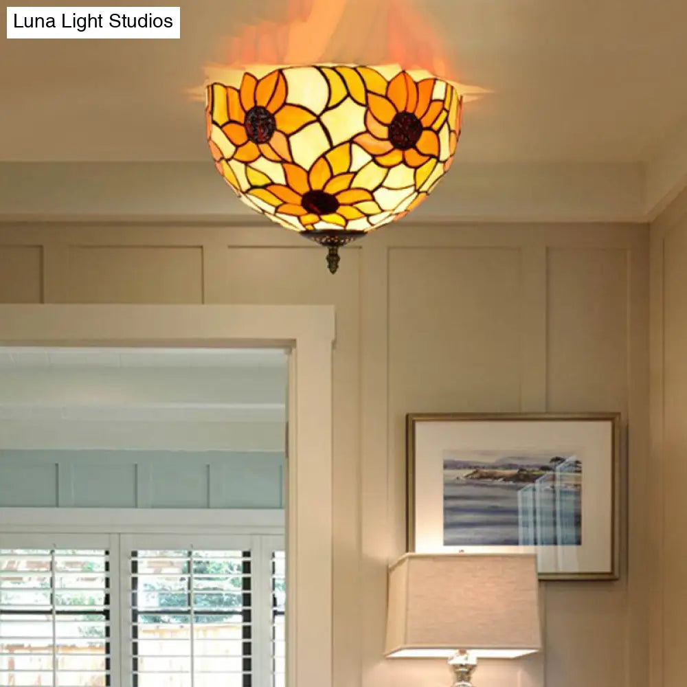 DecorBites™ DecorBites™ Sunflower Stained Glass Ceiling Fixture - Tiffany 2/3 Lights - Yellow & Green - Flushmount Lamp, 12"/16" W