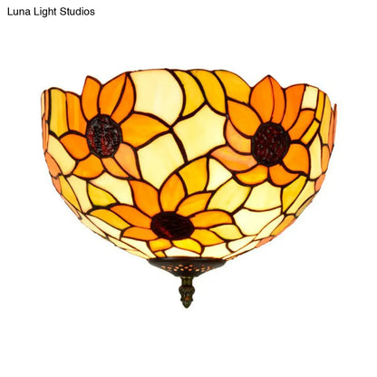 DecorBites™ DecorBites™ Sunflower Stained Glass Ceiling Fixture - Tiffany 2/3 Lights - Yellow & Green - Flushmount Lamp, 12"/16" W
