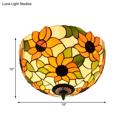 DecorBites™ DecorBites™ Sunflower Stained Glass Ceiling Fixture - Tiffany 2/3 Lights - Yellow & Green - Flushmount Lamp, 12"/16" W
