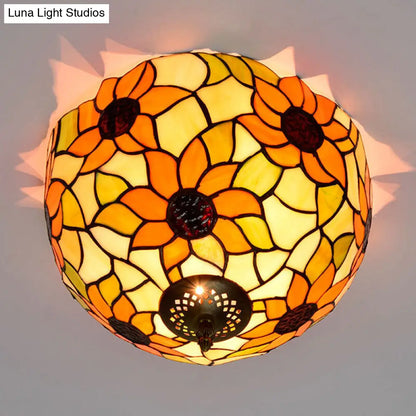 DecorBites™ DecorBites™ Sunflower Stained Glass Ceiling Fixture - Tiffany 2/3 Lights - Yellow & Green - Flushmount Lamp, 12"/16" W