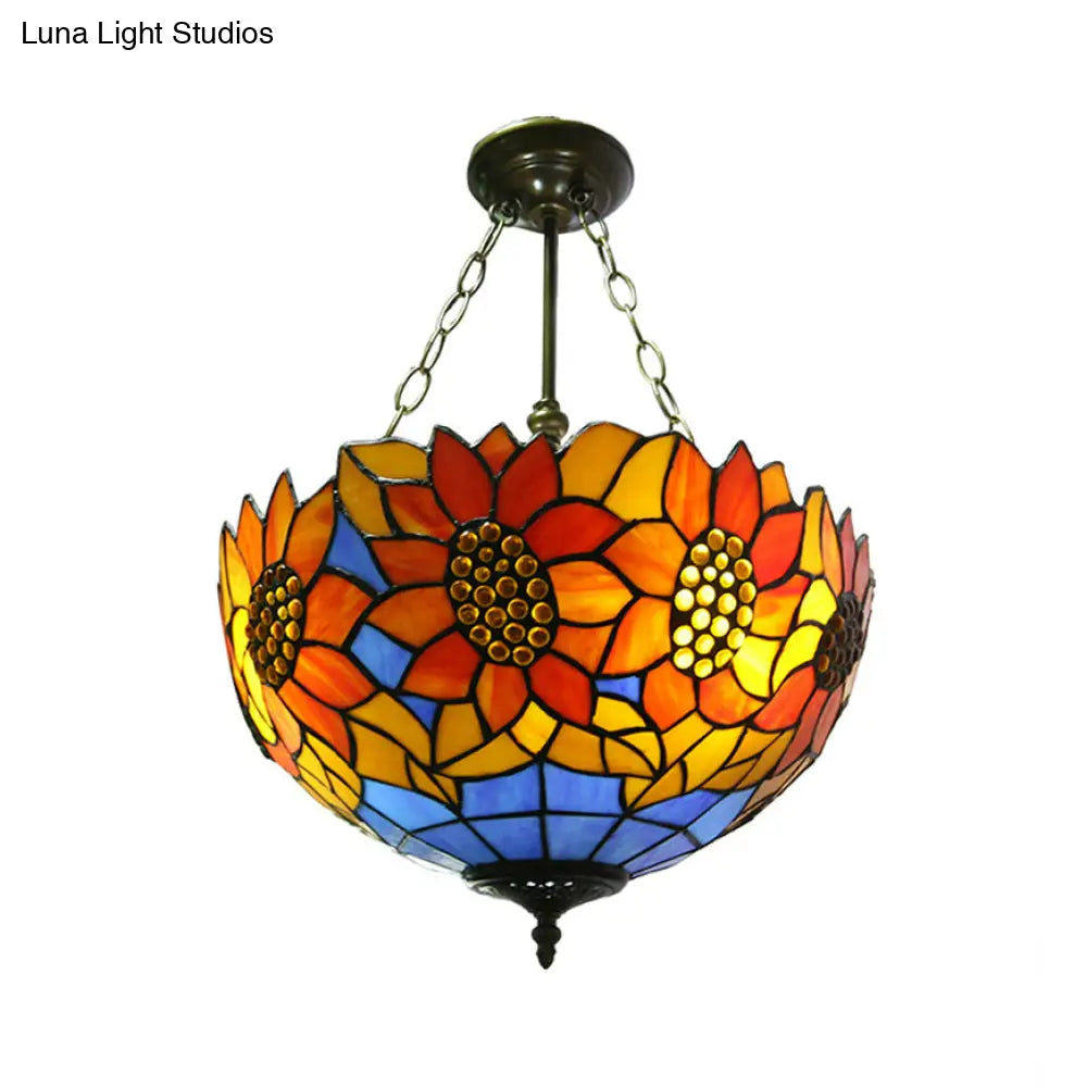 DecorBites™ DecorBites™ Sunflower Stained Glass Ceiling Light - Rustic Tiffany Style in Orange - 12"/16" Width - Semi Flush Mount for Bookstores