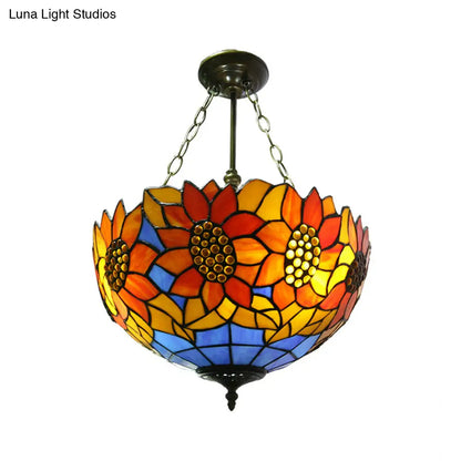 DecorBites™ DecorBites™ Sunflower Stained Glass Ceiling Light - Rustic Tiffany Style in Orange - 12"/16" Width - Semi Flush Mount for Bookstores