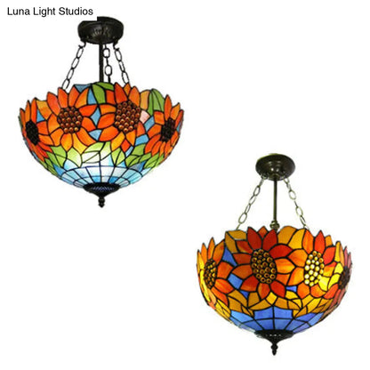 DecorBites™ DecorBites™ Sunflower Stained Glass Ceiling Light - Rustic Tiffany Style in Orange - 12"/16" Width - Semi Flush Mount for Bookstores