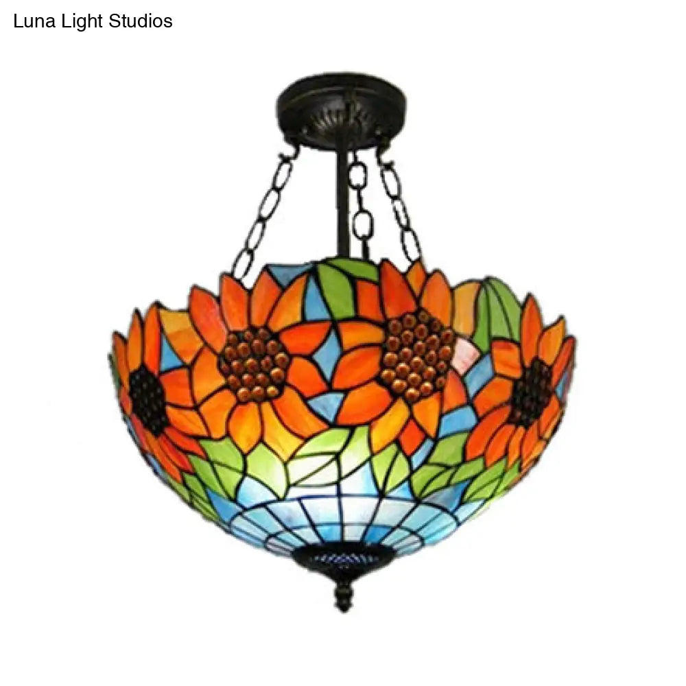 DecorBites™ DecorBites™ Sunflower Stained Glass Ceiling Light - Rustic Tiffany Style in Orange - 12"/16" Width - Semi Flush Mount for Bookstores