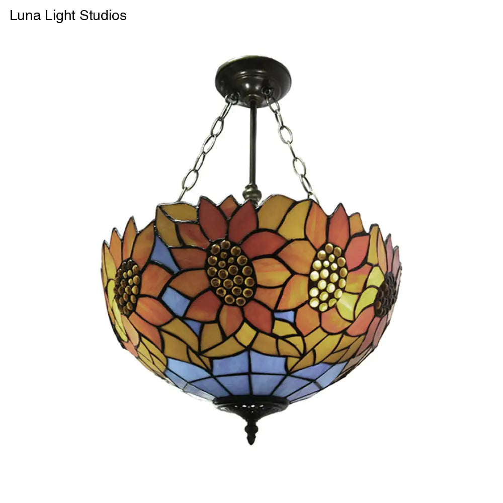 DecorBites™ DecorBites™ Sunflower Stained Glass Ceiling Light - Rustic Tiffany Style in Orange - 12"/16" Width - Semi Flush Mount for Bookstores