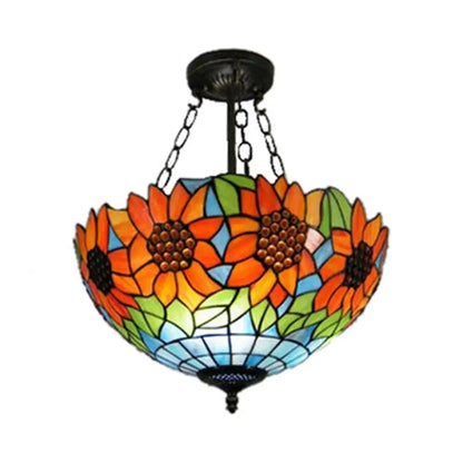 DecorBites™ DecorBites™ Sunflower Stained Glass Ceiling Light - Rustic Tiffany Style in Orange - 12"/16" Width - Semi Flush Mount for Bookstores