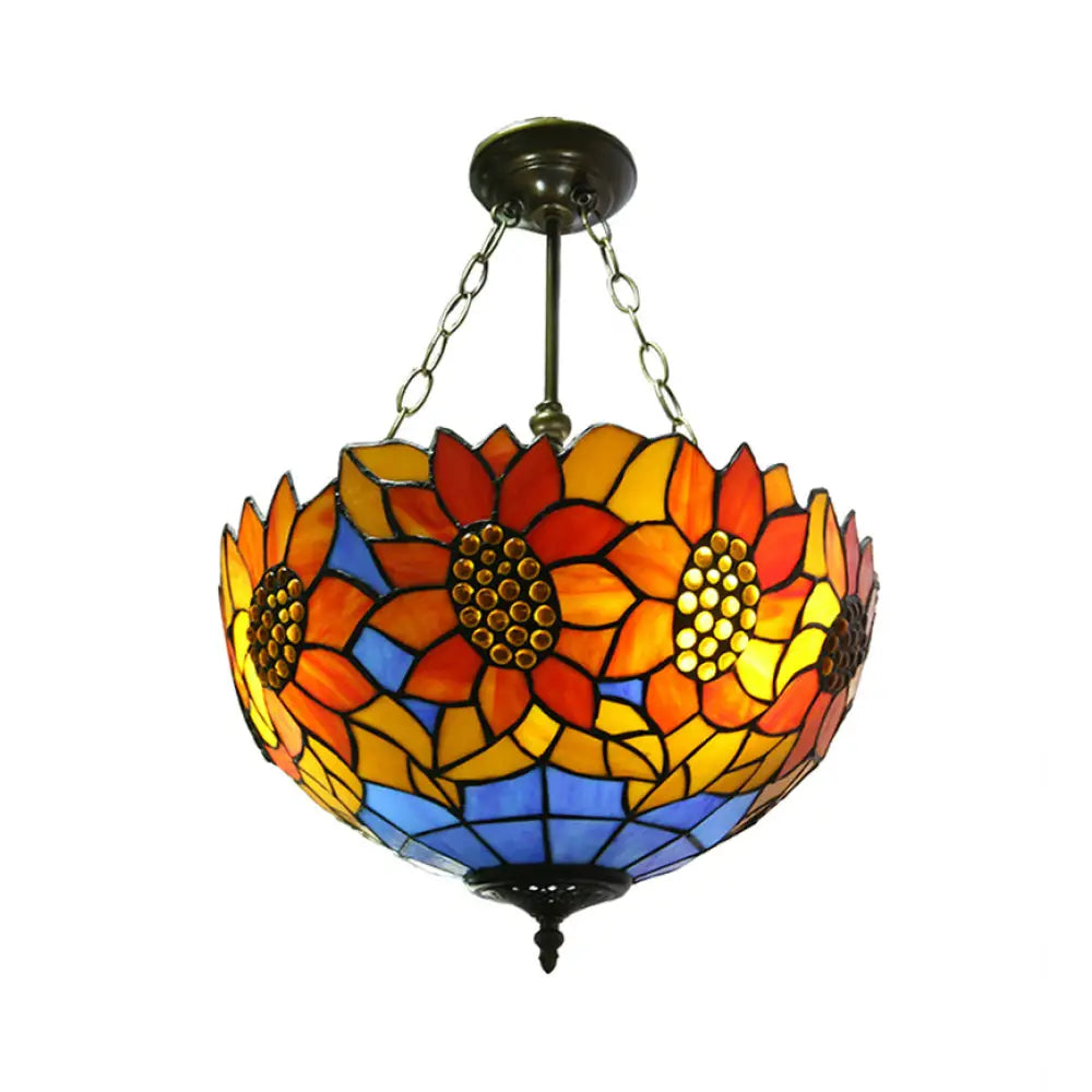 DecorBites™ DecorBites™ Sunflower Stained Glass Ceiling Light - Rustic Tiffany Style in Orange - 12"/16" Width - Semi Flush Mount for Bookstores