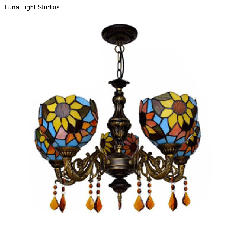 Sunflower Stained Glass Dome Chandelier with Crystal - 5 Head Hanging Light for Living Room
