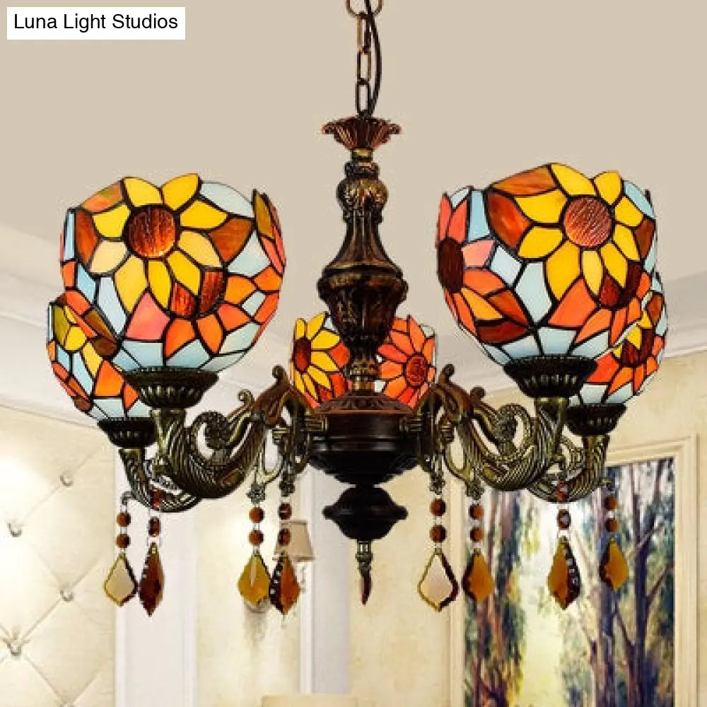 Sunflower Stained Glass Dome Chandelier with Crystal - 5 Head Hanging Light for Living Room