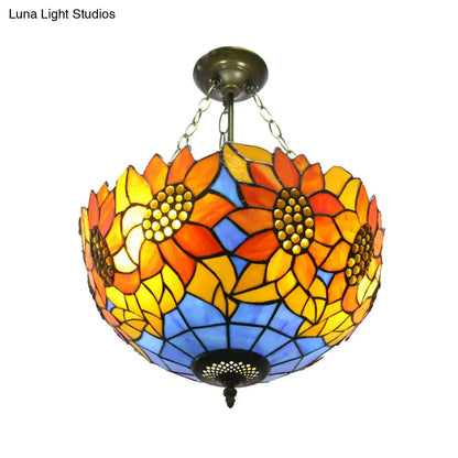 DecorBites™ DecorBites™ Sunflower Stained Glass Semi Flush Mount in Orange/Yellow - Perfect for Living Room!