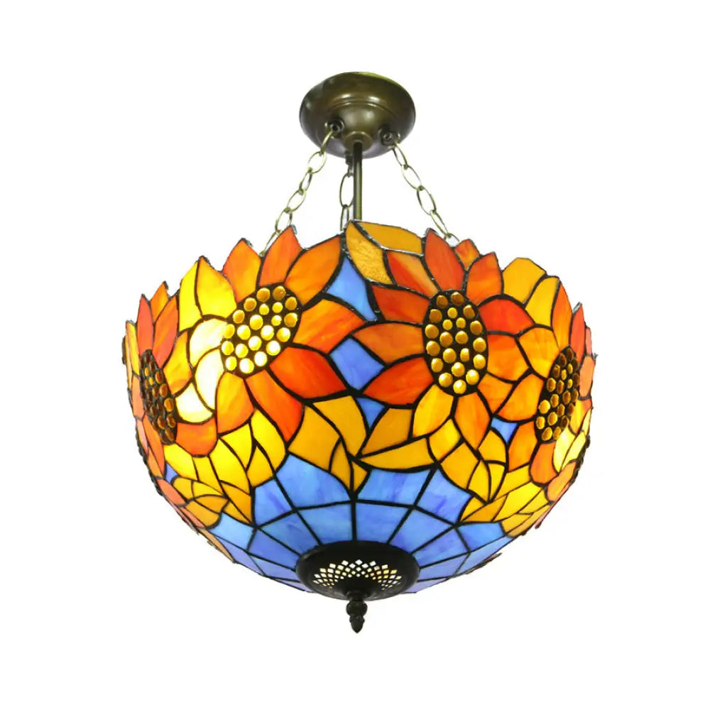 DecorBites™ DecorBites™ Sunflower Stained Glass Semi Flush Mount in Orange/Yellow - Perfect for Living Room!