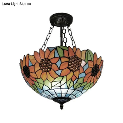 DecorBites™ DecorBites™ Sunflower Stained Glass Semi Flush Mount in Orange/Yellow - Perfect for Living Room!