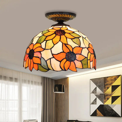 DecorBites™ DecorBites™ Sunflower Tiffany Stained Glass Ceiling Lamp - 1 Light, Brass Flush Mount