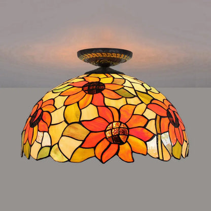DecorBites™ DecorBites™ Sunflower Tiffany Stained Glass Ceiling Lamp - 1 Light, Brass Flush Mount