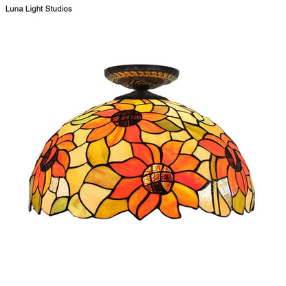 DecorBites™ DecorBites™ Sunflower Tiffany Stained Glass Ceiling Lamp - 1 Light, Brass Flush Mount