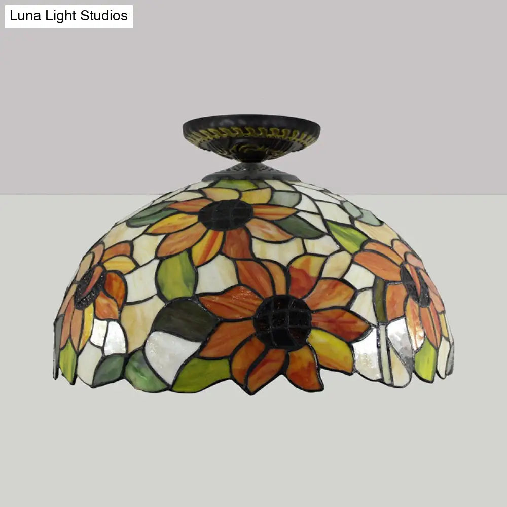 DecorBites™ DecorBites™ Sunflower Tiffany Stained Glass Ceiling Lamp - 1 Light, Brass Flush Mount