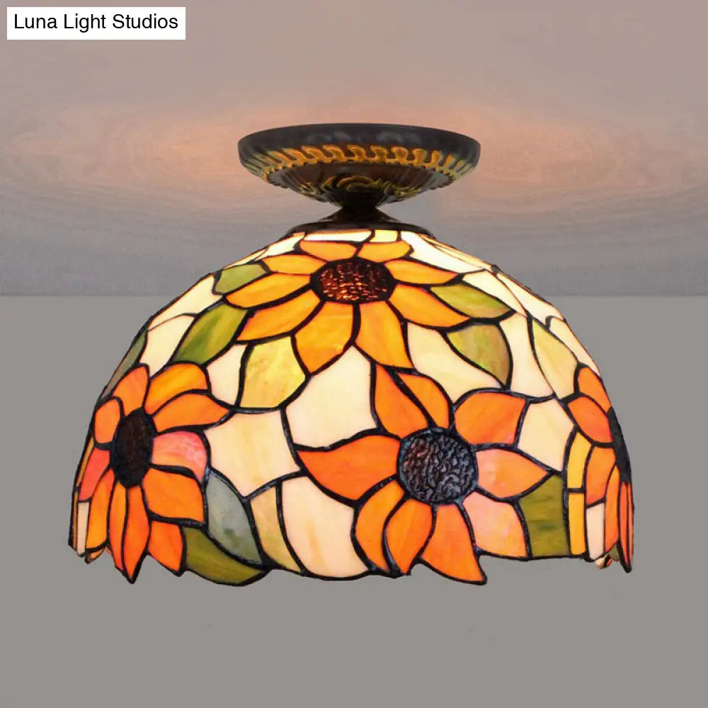 DecorBites™ DecorBites™ Sunflower Tiffany Stained Glass Ceiling Lamp - 1 Light, Brass Flush Mount
