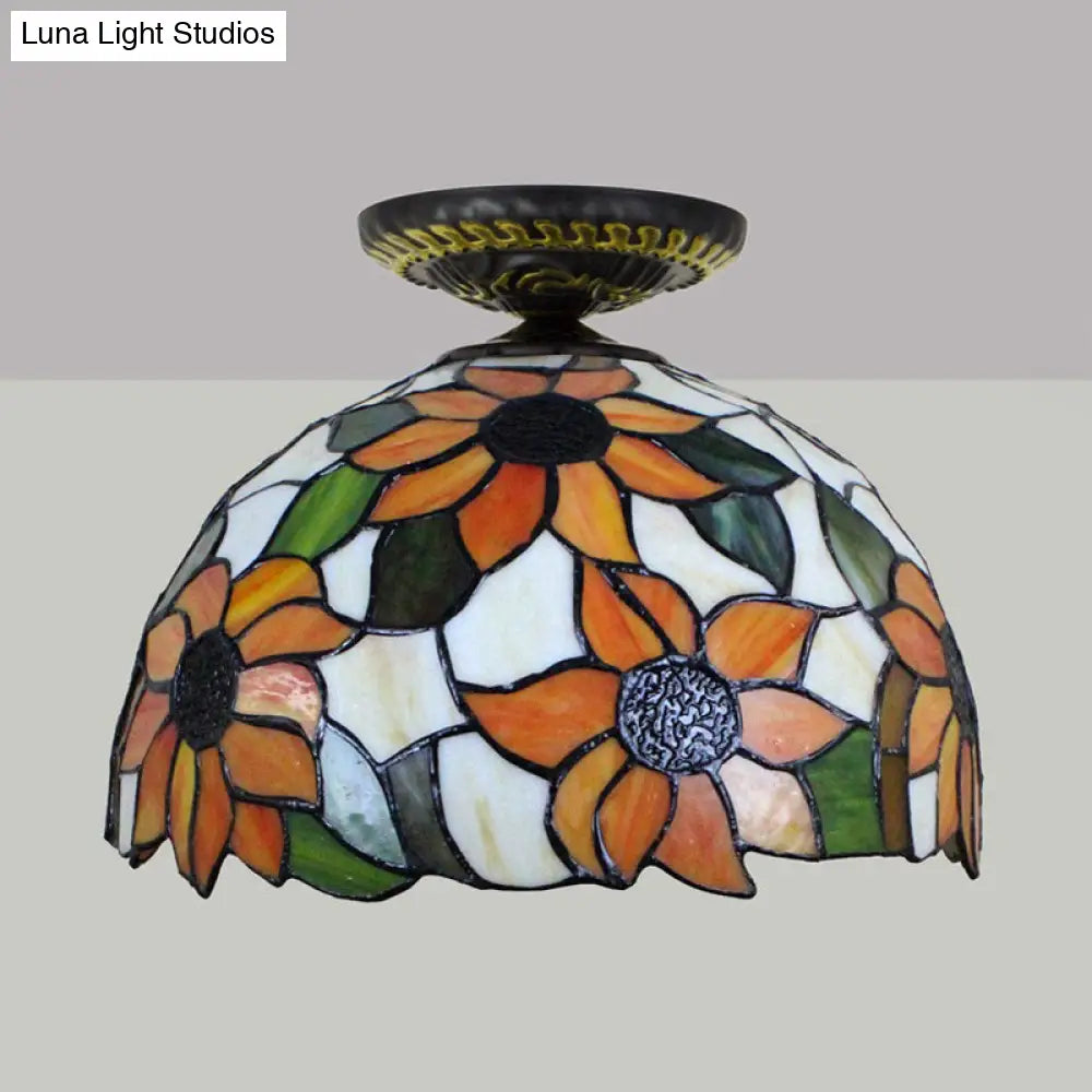 DecorBites™ DecorBites™ Sunflower Tiffany Stained Glass Ceiling Lamp - 1 Light, Brass Flush Mount