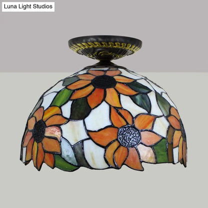 DecorBites™ DecorBites™ Sunflower Tiffany Stained Glass Ceiling Lamp - 1 Light, Brass Flush Mount
