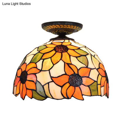 DecorBites™ DecorBites™ Sunflower Tiffany Stained Glass Ceiling Lamp - 1 Light, Brass Flush Mount