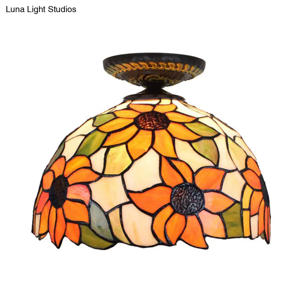 DecorBites™ DecorBites™ Sunflower Tiffany Stained Glass Ceiling Lamp - 1 Light, Brass Flush Mount