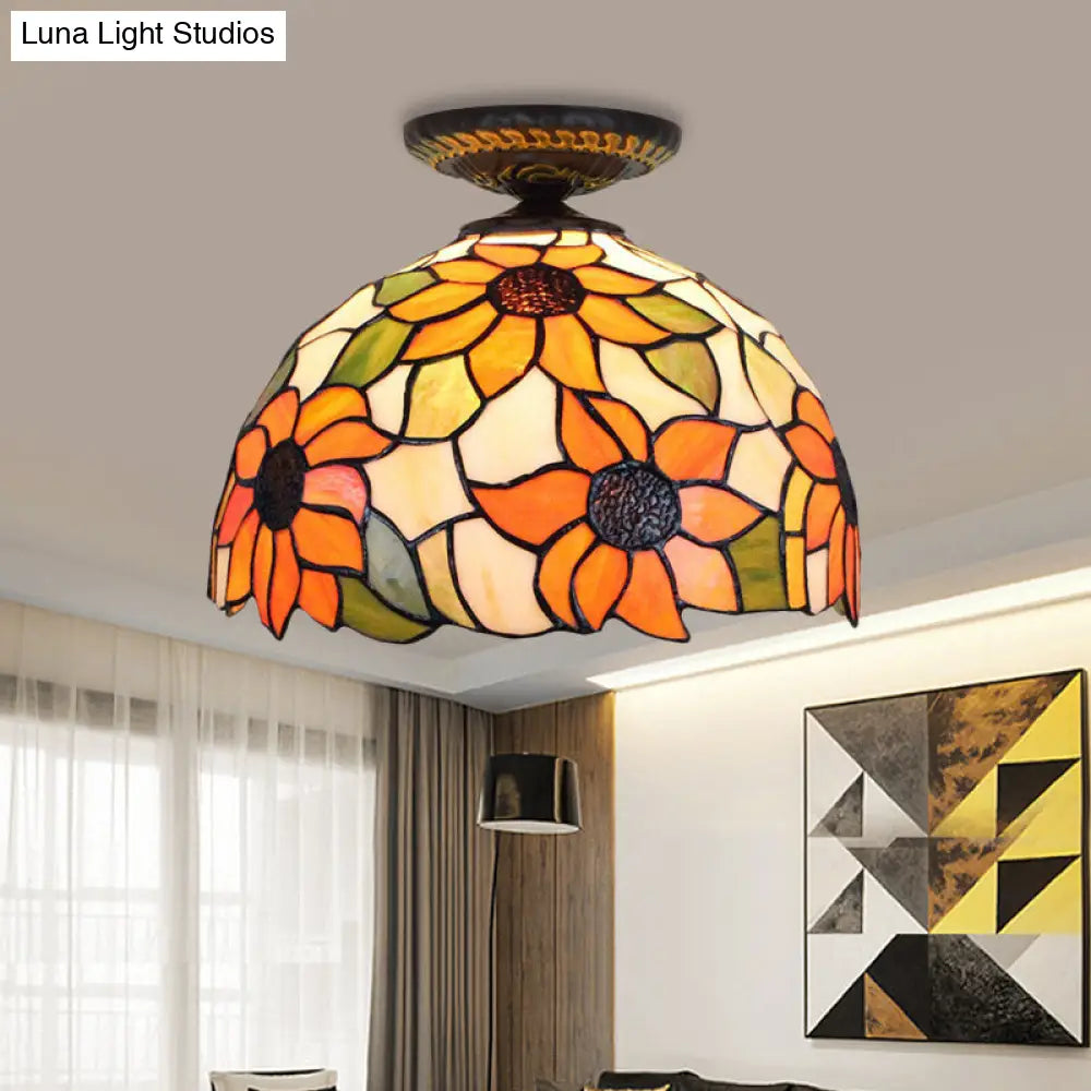 DecorBites™ DecorBites™ Sunflower Tiffany Stained Glass Ceiling Lamp - 1 Light, Brass Flush Mount