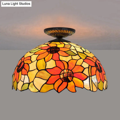 DecorBites™ DecorBites™ Sunflower Tiffany Stained Glass Ceiling Lamp - 1 Light, Brass Flush Mount