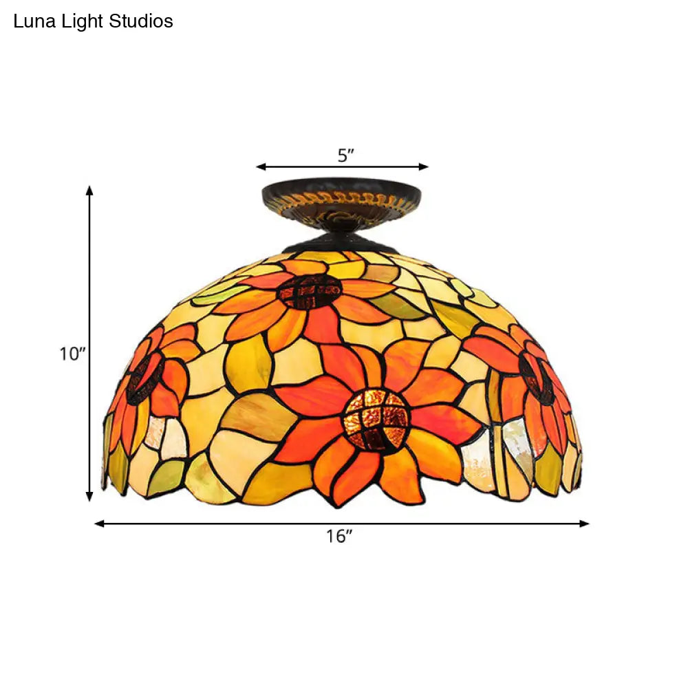 DecorBites™ DecorBites™ Sunflower Tiffany Stained Glass Ceiling Lamp - 1 Light, Brass Flush Mount