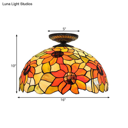 DecorBites™ DecorBites™ Sunflower Tiffany Stained Glass Ceiling Lamp - 1 Light, Brass Flush Mount