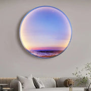 Circular ring wall lamp with sky blue frame featuring serene sunset ocean art for bedroom decor