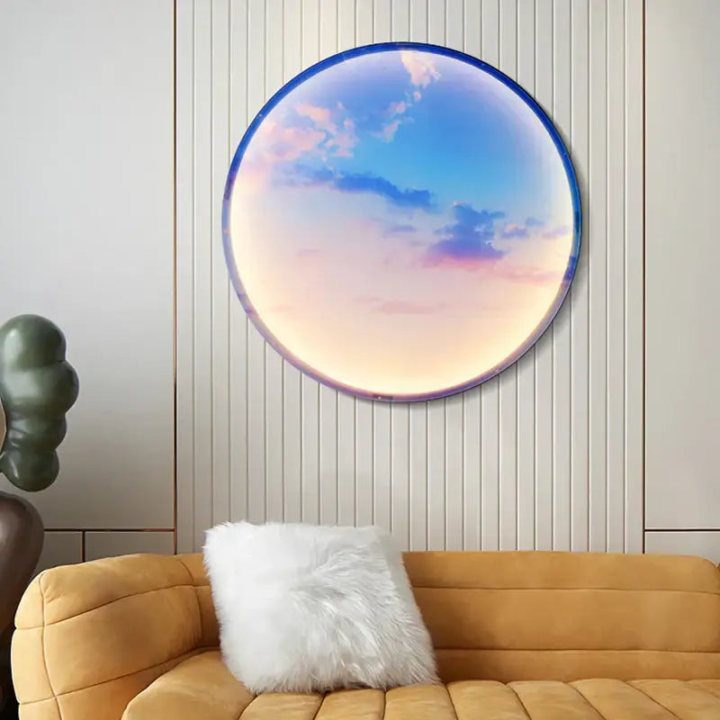Circular ring wall lamp featuring a vibrant sunset ocean sky blue scene with soft clouds in a sleek dark blue frame