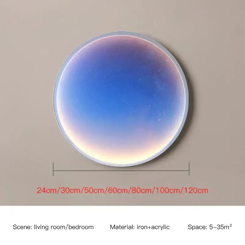 Sunset ocean circular ring sky blue wall lamp with frosted acrylic finish and gradient blue to purple glow for bedroom