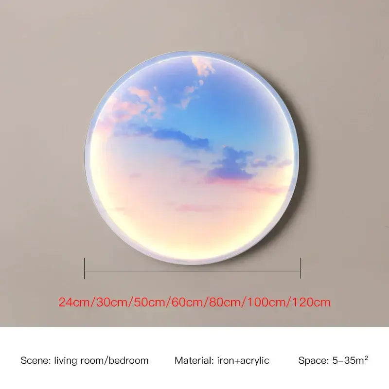 Circular ring wall lamp with translucent acrylic sky blue panel displaying a soft sunset ocean gradient for bedroom