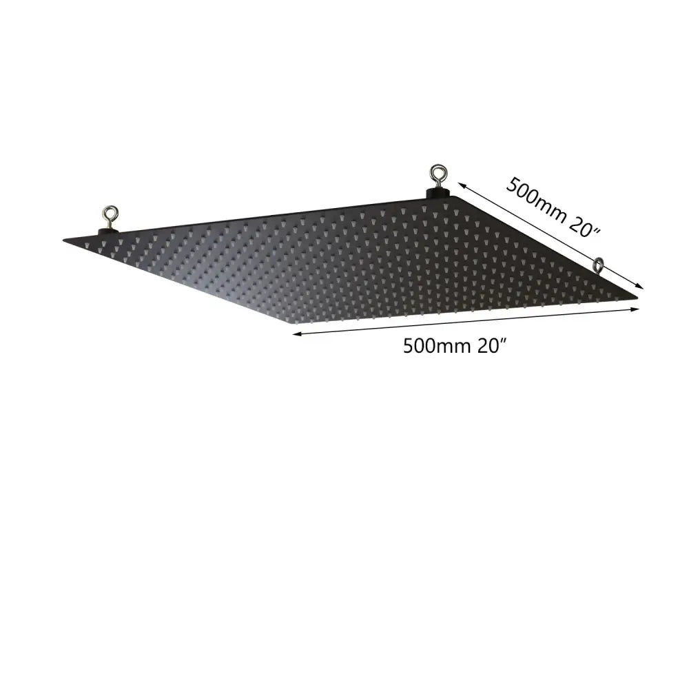 Black triangular led grow light panel with metal hanging rings paired with super slim matte black square shower head