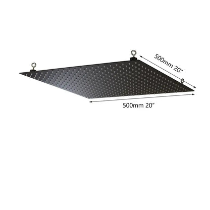 Black triangular led grow light panel with metal hanging rings paired with super slim matte black square shower head
