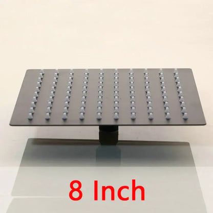 Super slim matte black square shower head with grid of small nozzles for a modern rain shower experience