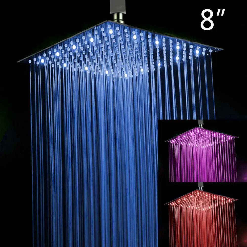 Super slim matte black square rain shower head 8 inch led with crystal droplets and multiple color lighting options