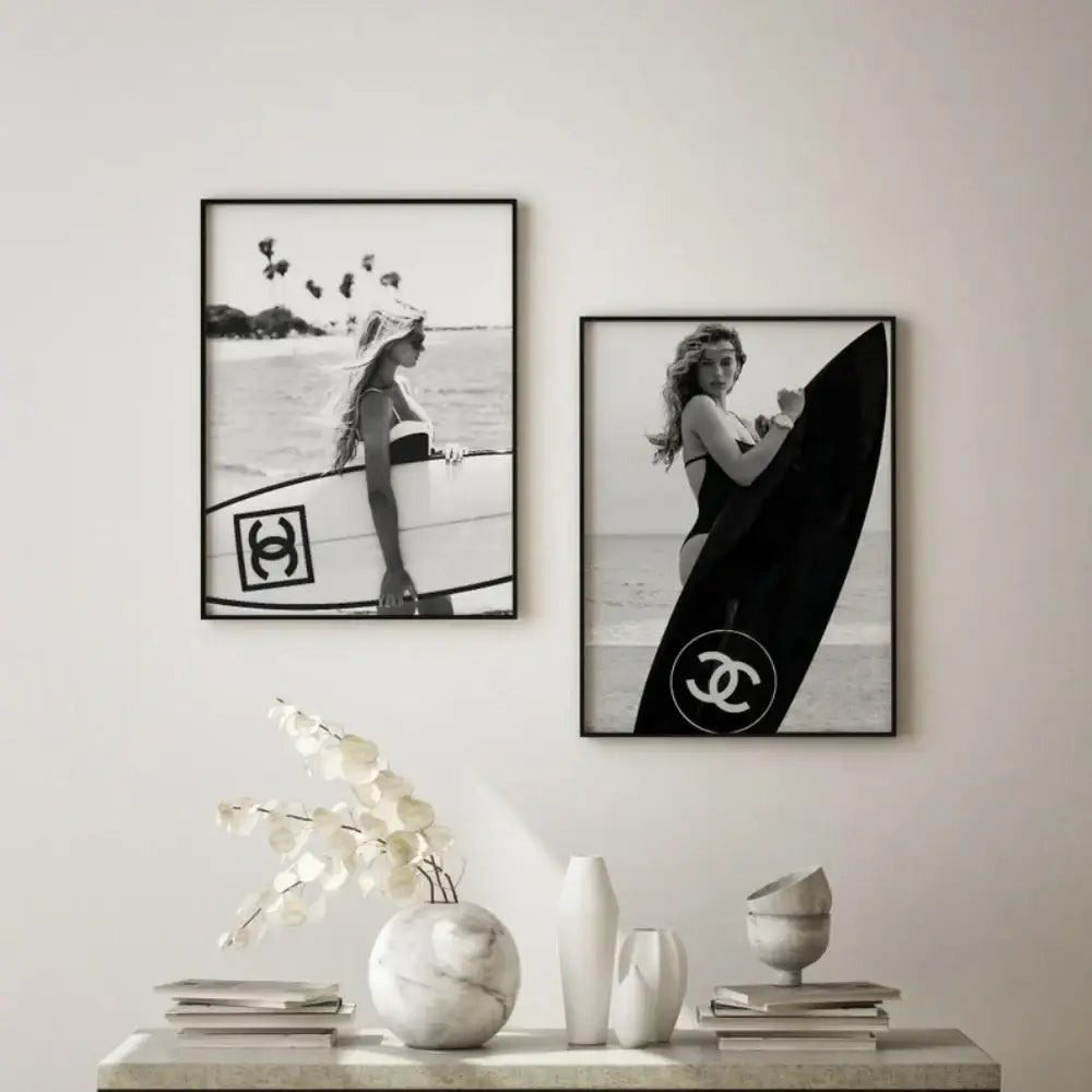 Black and white surfboard wall art featuring chanel logo surf-themed prints for teen room decor by decorbites