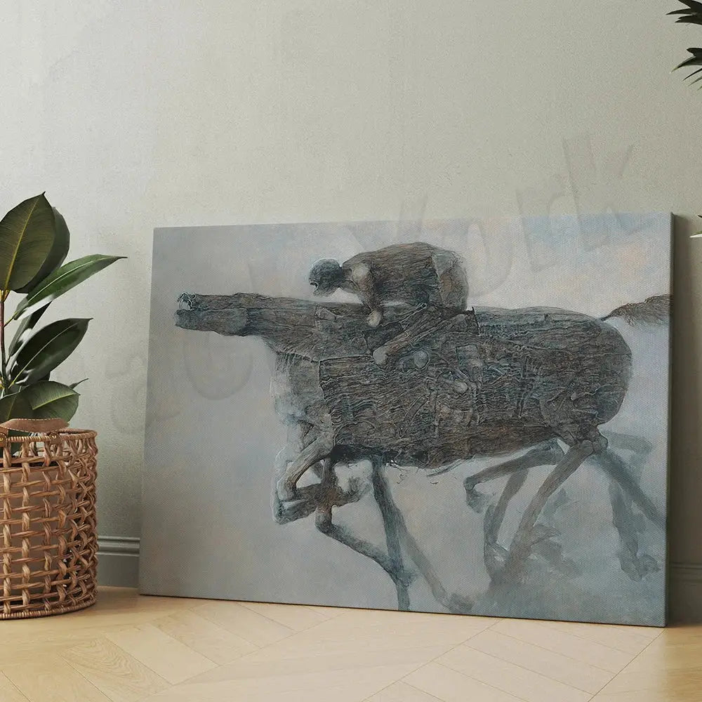 Gray textured canvas print of horse and rider in motion featuring decorbites beksinski prints for living room wall art