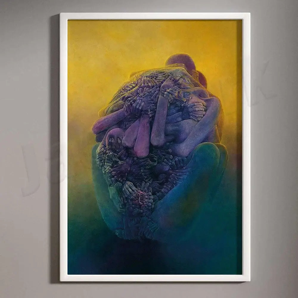 A surreal gothic decorbites beksinski print framed wall art featuring intertwined human and skeletal forms on yellow teal gradient