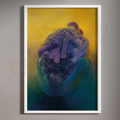 A surreal gothic decorbites beksinski print framed wall art featuring intertwined human and skeletal forms on yellow teal gradient