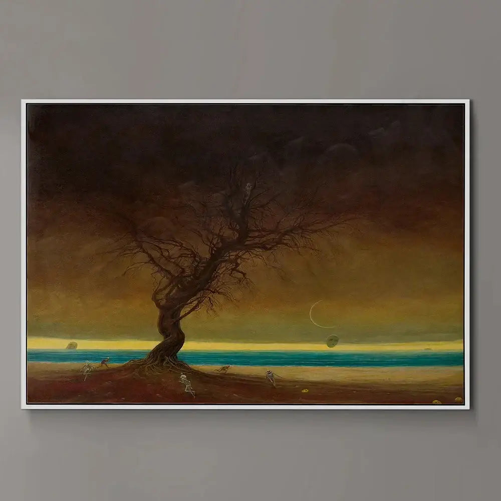 A framed surreal gothic wall art featuring a solitary gnarled tree and crescent moon in decorbites beksinski prints