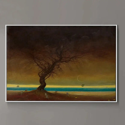 A framed surreal gothic wall art featuring a solitary gnarled tree and crescent moon in decorbites beksinski prints